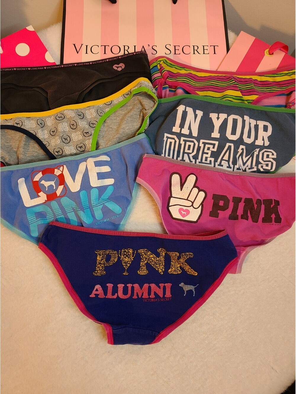 Vintage PINK Victoria's Secret 7pc Collectors Lot Graphic Cotton Bikinis Size XS